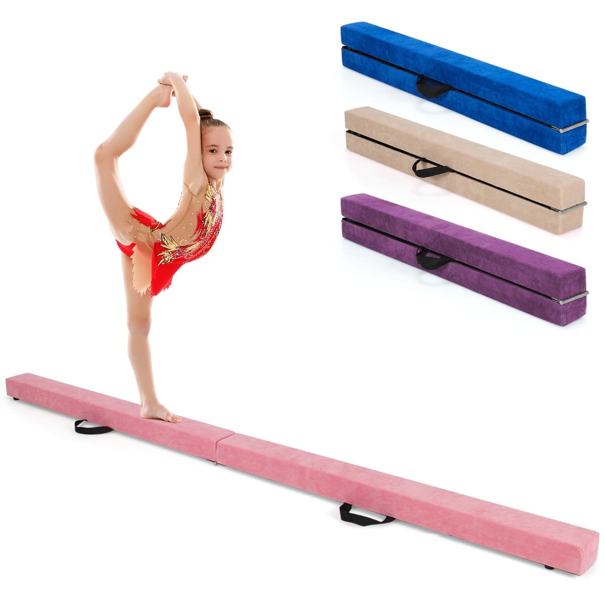 CostwayPoutre de Gymnastique Pliable de 210 cm avec Poignées de Transport pour Enfants Gymnastes Rose