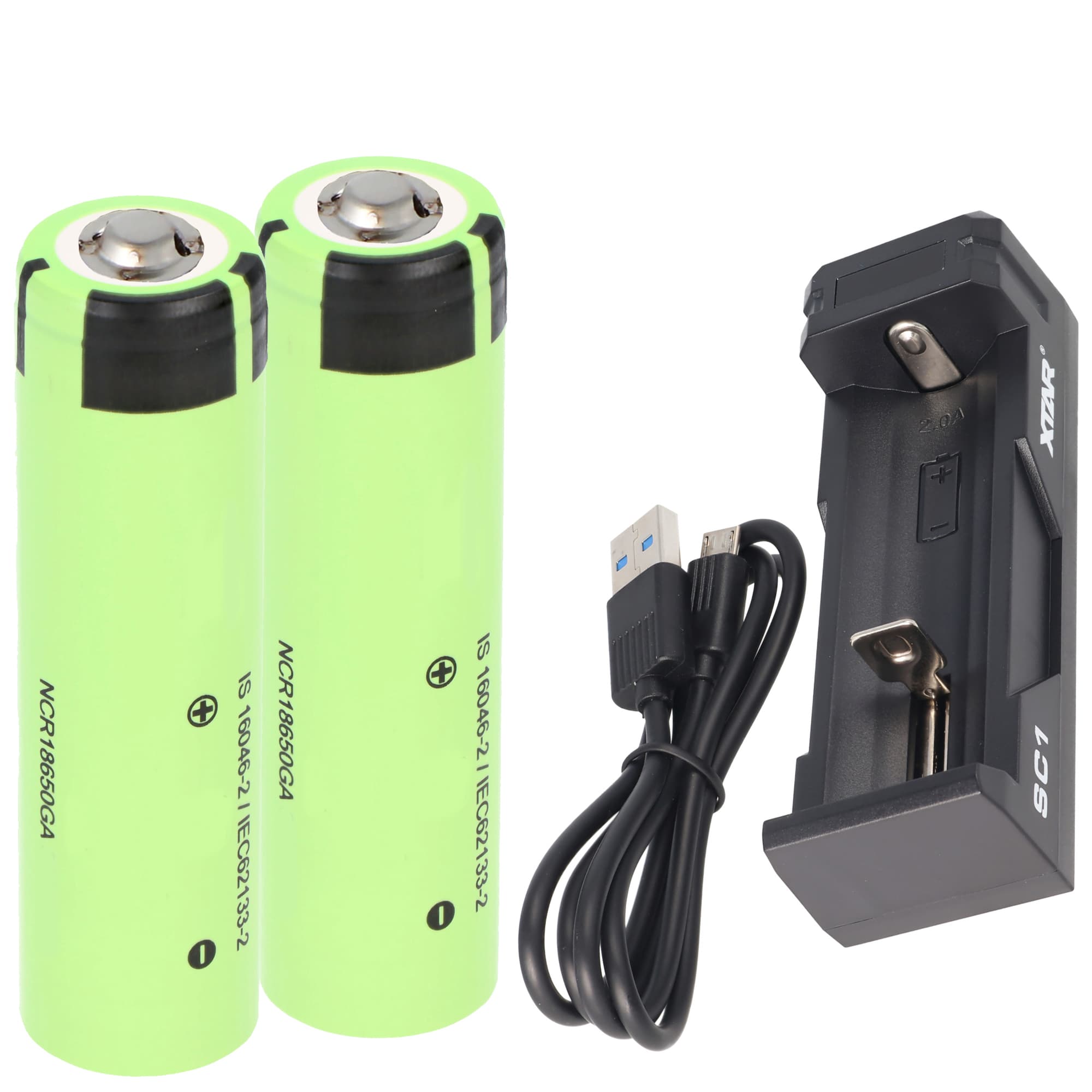 Chargeur et 2 batteries Panasonic 18650 Li-ion avec pôle positif surélevé, non protégé, 69,5 x 18,4 mm