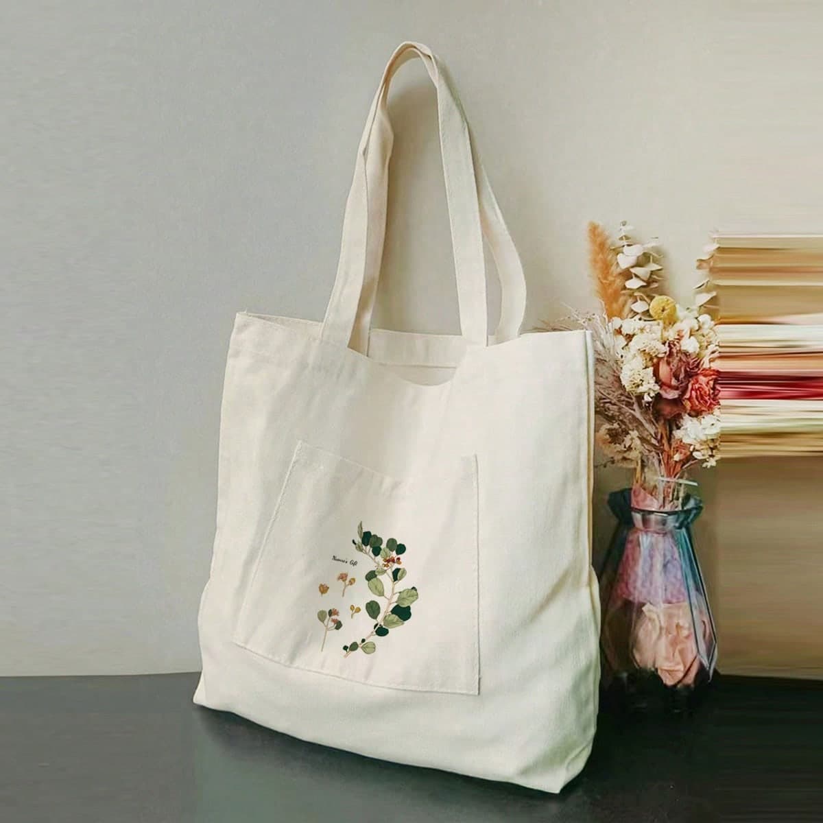 1 pièce Sac fourre-tout en canevas pour dames avec impression de lavande en beige et violet, sac de magasinage portable pour une utilisation en